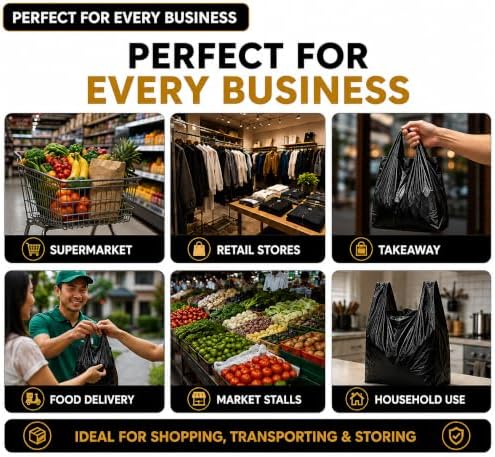Heavy Duty Black Plastic Shopping Bags with Handles, T-Shirt Grocery Carrier, 12 x 18 x 24 Inch, HDPE for Retail, Convenience Stores and Takeout, 200 Count - Image 6