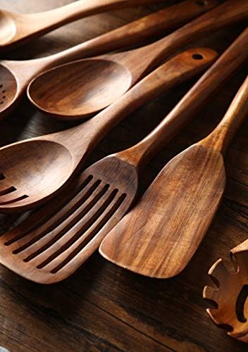 Wooden Kitchen Utensils set, 7Pcs Wooden Spoons for cooking Natural Teak Wood Kitchen Spatula Set for Cooking including Spoon Ladle Fork - Image 5