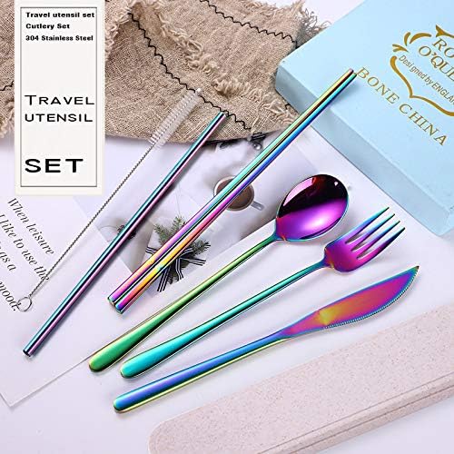 AARAINBOW 6 Pieces 18/8 Stainless Steel Flatware Set Portable Reusable Cutlery Set Travel Utensils Set Including Chopsticks Knife Fork Spoon Straws Cleaning Brush Dishwasher Safe (Multicolored) - Image 3