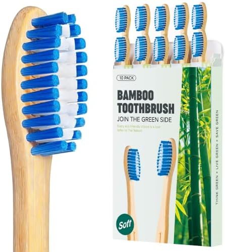 Bamboo Toothbrushes, Plant-Based Soft Bristles 10 Pack by BlueForestEra