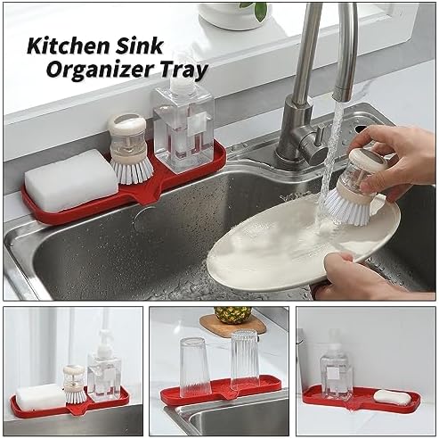 MicoYang Silicone Soap Dish with Drain Spout — Self-Draining Double Sink Organizer Tray for Kitchen & Bathroom, Dispensers, Sponges & Soap Holder, Non-Slip & Dishwasher Safe, Red (Large, 12"×4") - Image 5