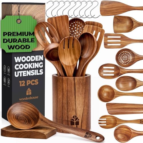 Wooden Spoons for Cooking, 12 Pcs Teak Utensil Set with Holder & Hooks by Woodenhouse