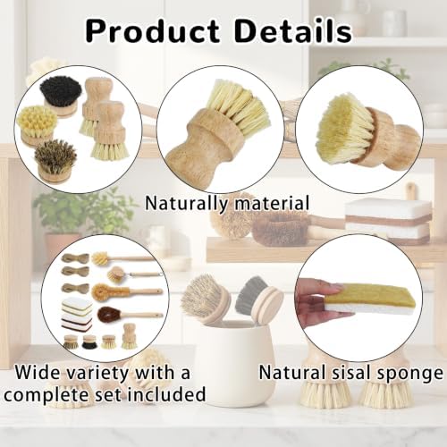 14 Pcs Bamboo Dish Brush Set Sisal Bristles with 98.42 Ft Hemp Rope Natural Scrubbers Brushes Wooden Palm Pot Brush for Bottle, Sink, Pans Kitchen Cleaning - Image 3