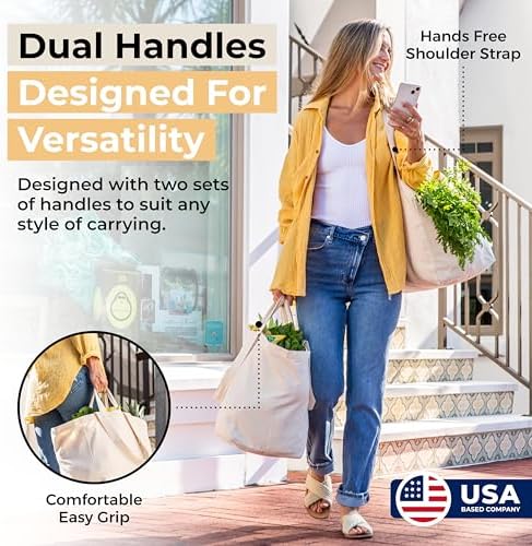 VeraMia Canvas Grocery Bag 3pc XL Set with Real Pockets, Long Shoulder Strap and Short Handle. Heavy Duty, Foldable, Washable - Image 2