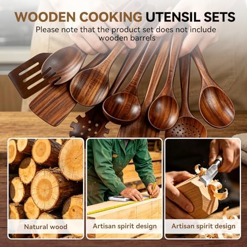 10PCS Wooden Utensil Set for Cooking, Non Toxic Wood Kitchen Utensils Set with Spatula & Wooden Spoons for Cooking, Dishwasher Safe Teak Wood Cooking Utensils for Non Stick Cookware - Image 4