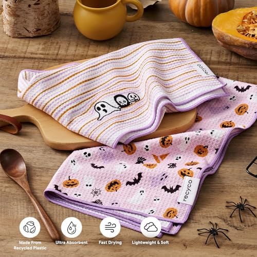RECYCO Halloween Waffle Kitchen Towel Set of 2 - Quick Dry Microfiber Sustainable Dish Towels - Absorbent Reusable Cleaning Tea Towels - Lightweight Hand Towels,16”x 28”, Pink Boo - Image 4