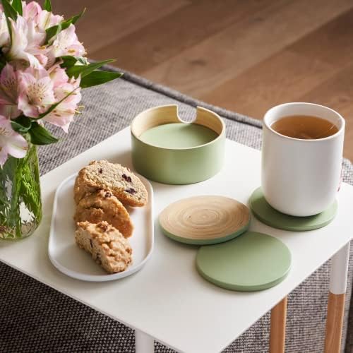 Spun Bamboo Coasters for Drinks - Coaster Set with Bamboo Wood Coasters and Coaster Holder. Modern Coasters for Coffee Table (Sage) - Image 4
