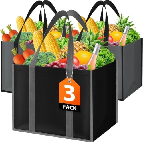 WISELIFE Reusable Grocery Bags with Handles, 35L, 3 Pack, Gray & Black by WiseLife