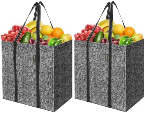 BALEINE 2 PK Grocery Bags Reusable Shopping Bags with Reinforced Bottom, Heavy Duty Foldable Tote Bags (Grey) by BALEINE