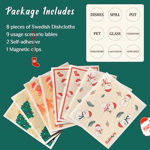 Eulnars Reusable Paper Towels, Christmas Swedish Dishcloths for Kitchen 8-Pack, Non-Scratch Swedish Dish Towels, Super Absorbent Cellulose Dish Cloths, No Odor Cleaning Rags - Image 5