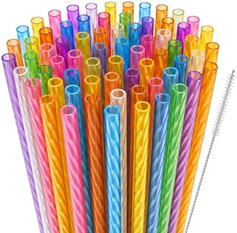 50Pcs Reusable Plastic Straws, 9 Inch Hard Drinking Straws with Cleaning Brush, Colored crystal Straws for Mason Jars, Tumblers, Iced Coffee, Smoothies, Cocktails and Party Cups by Unknown