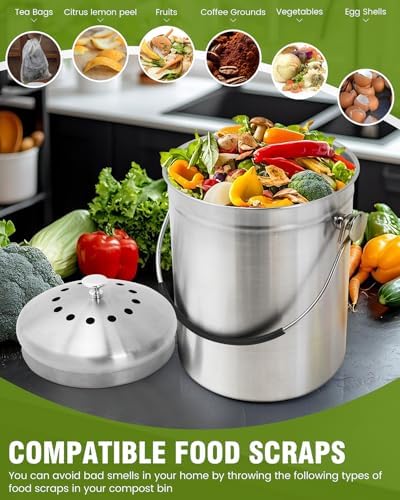 Countertop Compost Bin Kitchen Stainless Steel 1.3 Gallon - Image 3