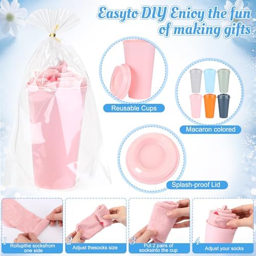 Hushee 6 Pcs Reusable Coffee Cups with Lids Bulk and 6 Pcs Women's Heart Socks 16 oz Travel Mug Plastic Tumblers for Birthday Holiday Gifts Party Favors (Pink) - Image 4