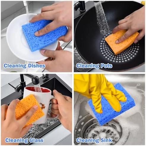 YoleShy Sponges Kitchen 10 Pack Natural Compressed Cellulose Sponges for Dishes Non Scratch for Household Cookware Bathroom Cars Soft Super Absorbent Reusable, Blue and Yellow - Image 5