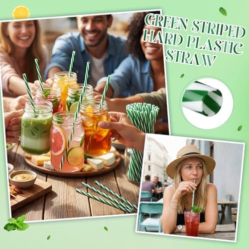 Honeydak 50 Pcs Reusable Plastic Straws Bulk,Green and White Stripe - Image 4