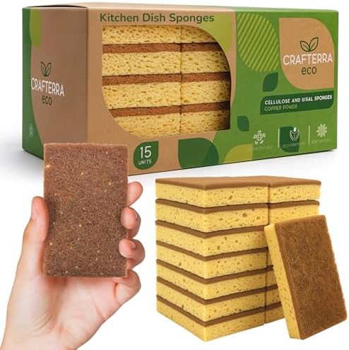Natural Sponges for Dishes Washing Kitchen Cleaning Plant Based 15Pack Eco Sponges Cellulose Sisal Scrubber Non Scratch Scrub Pads for Dishes pots Bathroom.Less Odor Dish Scrubber House Necessities by Crafterra