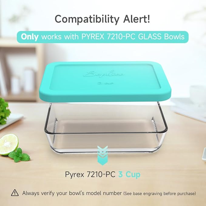 Sophico 3 Cup Rectangle Silicone Storage Cover Lids Replacement for Pyrex 7210-PC Glass Bowls, Container not Included (MINT, 2 Pack)