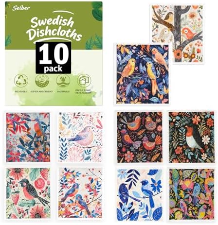 SEIBER Swedish Dishcloths for Kitchen ﻿Reusable,10 Packs,Bird Flower by SEIBER
