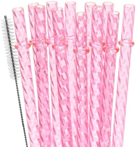 Dakoufish 12 Inch Reusable Clear Plastic Swirl Drinking Straws for 30 oz & 40 oz Jars/Tumblers,Set of 12 Pcs Replacement Crystal Pink Straws with Cleaning Brush (12inch,Pink) by Dakoufish