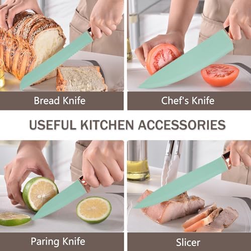 Cooking Utensils Set - 19 Piece Set with 11 Spatulas, 6 Sharp Knives, Silicone Utensils & Cutting Board (Green) - Image 7