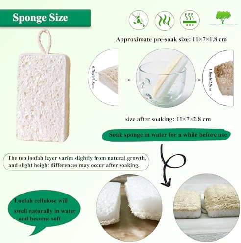 Natural Loofah Kitchen Sponges, 8 Pack Eco Compostable Cellulose Dish Washing Scrubbers, Non-Scratch Plastic-Free Cleaning Sponge Pads for Dishes, Pans, Sink, Cookware & Bathroom - Image 5