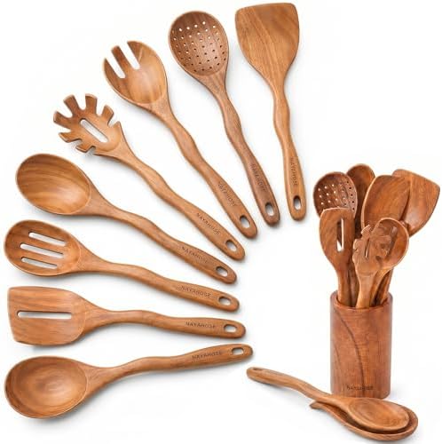 Kitchen 10PCS Teak Wooden Utensils Set With Holder and Spoon Rest by NAYAHOSE