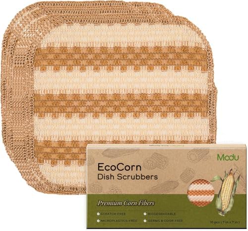 Modu 10 Pcs EcoCorn Dish Sponges Scrubbers – 100% Corn Fiber, Biodegradable Dishwashing Scrub Pads for Multipurpose Household Cleaning, Odor-Free, Plastic-Free Kitchen Mesh Net (Heavy Duty 10 Count) by Modu