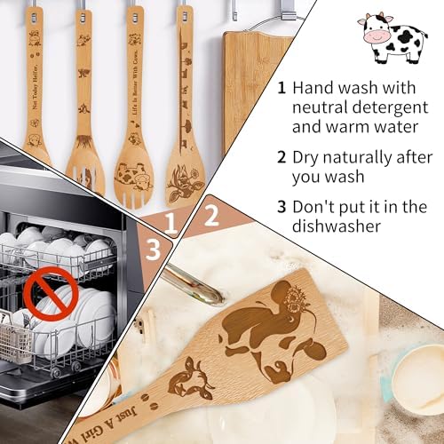 Cow Kitchen Decor Bamboo Wooden Spoons With Utensil Holder- Cow Kitchen Accessories for Cooking-Home Decorations Gifts for Women-Housewarming,Birthday,Easter,Mothers Day Gift（6PCS） - Image 7