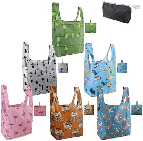 BeeGreen Animals Lover Gifts for Women Animals Reusable Grocery Bags Shopping Bags Bulk 6 Pack 50LBS X-Large Foldable Hedehog Cats Dogs Frog by BeeGreen