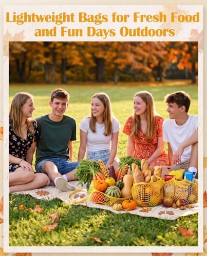 Eccliy 12Pcs Reusable Cotton Mesh Grocery Bag with Handle, Yellow, 10 in - Image 5