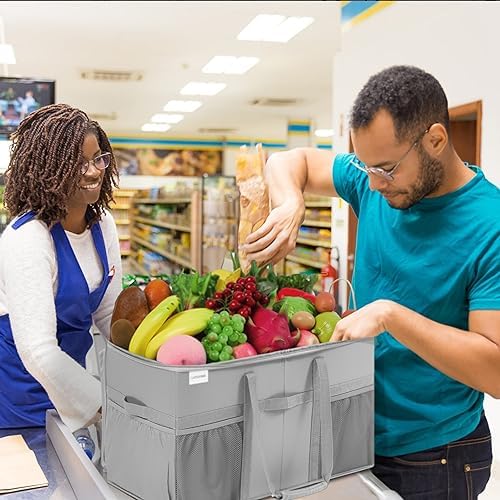 Extra Large Utility Tote Bag, 2 Pack Reusable Grocery Bags Heavy Duty, Sturdy Structured Tote Bag with Pockets & Handles, Foldable Shopping Bags for Groceries, Collapsible Totes with Lids 22x11.5x13in - Image 2