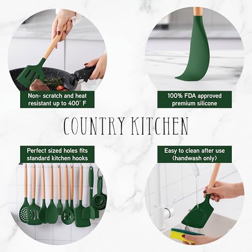 Country Kitchen Non Stick Silicone Utensil Set with Rounded Wood Handles for Cooking and Baking, 38 Piece Set, Green - Image 4