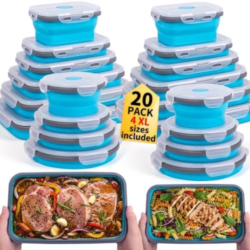 Collapsible Food Storage Containers with Lids 20 Pack(81oz/58oz Extra Large Included), 12 Rectangular+8 Round, Annaklin Silicone Collapsible Food Containers Sets Microwave Freezer Dishwasher Safe Blue by Annaklin