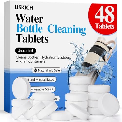 USKICH 48 Pack Water Bottle Cleaning Tablets,Water Bottle Cleaner Great for Stainless Steel, Thermos, Tumbler, Insulated and Reusable Water Bottles,Removes Stubborn Stains and Odors by USKICH