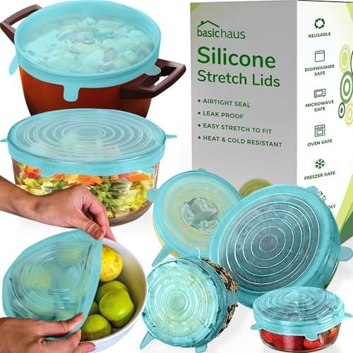 Reusable Silicone Stretch Lids for Food Storage in Fridge - Elastic Heat-Resistant Bowl Covers, Cups, Cans, Jars - Universal Food Grade Lid for Round and Rectangle Containers -7 Pack - Midnight Teal by BasicHaus