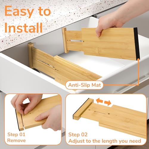BAMEOS Bamboo Expandable Drawer Dividers – Fits 12.2"–17" Drawers, 4" Extra Deep Walls, Set of 4 | Tall Spring-Loaded Separator for Baby Dresser, Sock Drawer & Bathroom Cabinet - Image 7