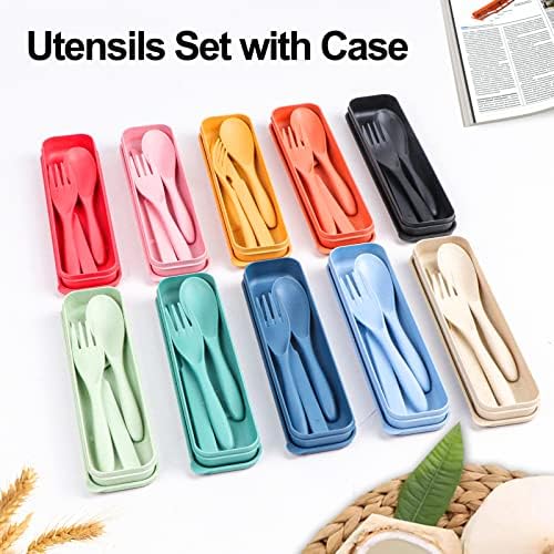 Reusable Travel Utensils Set with Case, 4 Sets Wheat Straw Portable Plastic Fork Spoons Knife Camping Cutlery, Eco-Friendly BPA Free Lunch Tableware Travel Picnic Silverware for Kids Adults Daily Use - Image 6
