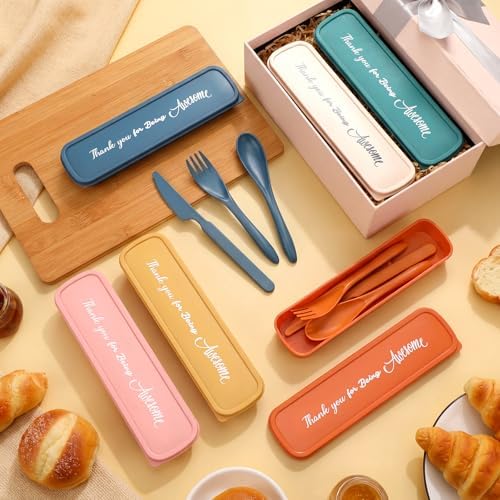 24 Pack Reusable Travel Utensils Set Case Thank You for Being Awesome Appreciation Gifts Bulk for Employee Coworker Student Portable Lunch Utensils Wheat Straw Fork Spoon Knife for Picnic(Light Color) - Image 4