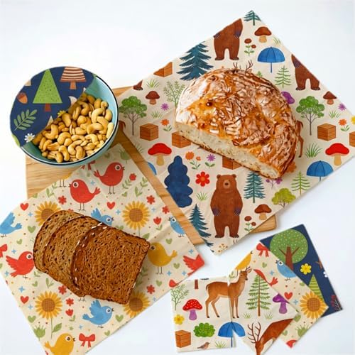LENARKU Reusable Beeswax Wrap, Forest Animals Wraps, 9 Pack Eco-Friendly Food Storage, Organic Cotton, Sustainable, Zero Waste, Plastic-Free, Sandwich & Snack Covers, 1XL, 3M, 5S - Image 4