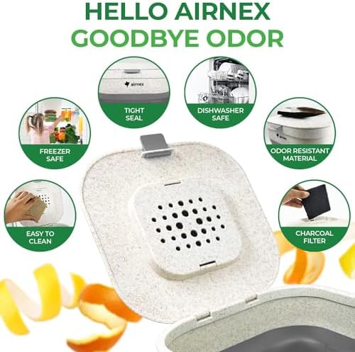 AIRNEX Collapsible Compost Bin Kitchen Counter Caddy - 1 Gallon Countertop Compost Bin with Lid Made of Wheat Straw - Odorless Kitchen Compost Bin Countertop with 20 Compost Bags and 2 Carbon Filters - Image 3