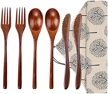 Wooden Spoon Fork Knife Eating Flatware Set Portable Utensil Set with Case, Reusable Wooden Cutlery Travel Utensils Set, 2 Spoons and 2 Forks and 2 Knives (Color 2) by Wsevinn