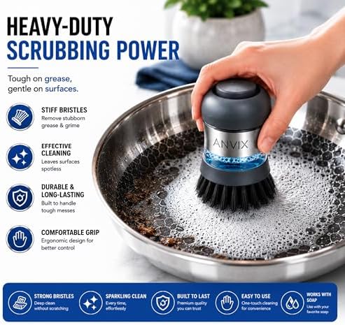 Soap Dispensing Palm Brush 2 Pack, Dish Scrubber with Built in Soap Dispenser, Stainless Steel Body, Replaceable Brush Head, Non Scratch Nylon Bristles for Dishes, Pots, Pans, Nonstick Cookware - Image 7