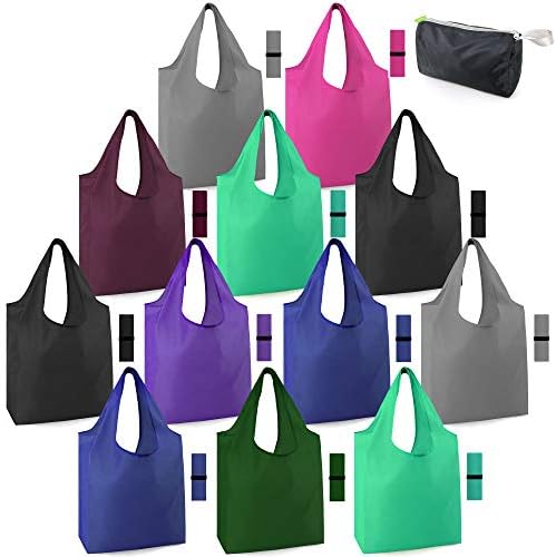 BeeGreen Groceries Reusable Bags for Shopping Compact Cute Solid Color Cloth Grocery Totes Set of 12 Fold up Packable Recycling Shopper Baggies w Zipper Carry Pouch for Supermarket by BeeGreen