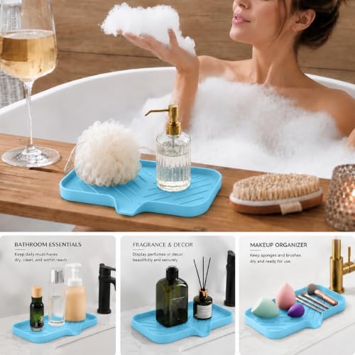 MicoYang Silicone Soap Dish with Drain Spout — Self-Draining Sink Organizer Tray for Bathroom & Kitchen, Sponges, Dispensers & Soap Holder, Non-Slip & Dishwasher Safe, Light Blue (Medium, 9.6"×5.3") - Image 5