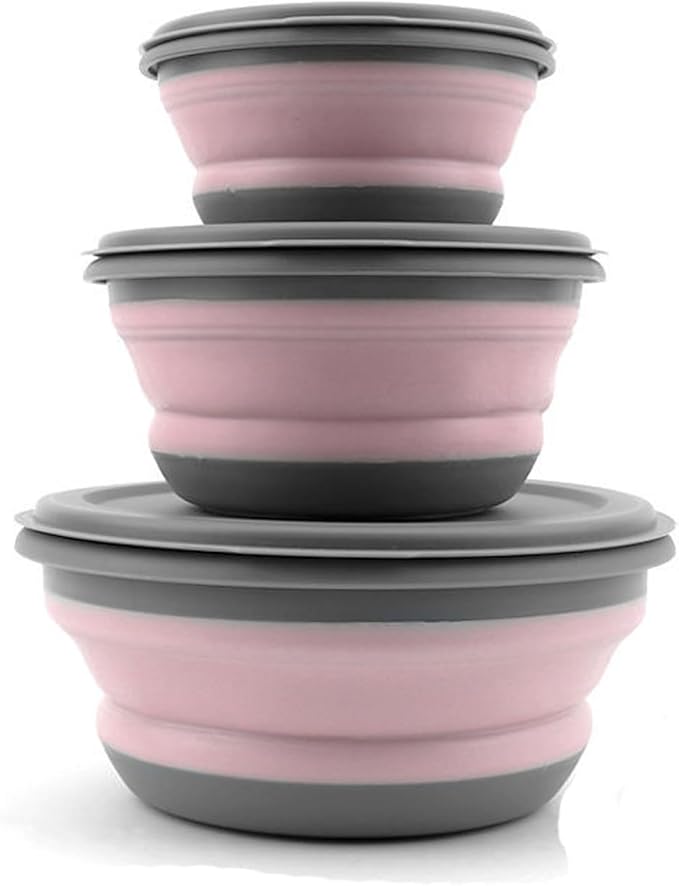 Collapsible Bowls, 3pcs Food Grade Silicone Camping Bowl Salad Bowl with lids, Portable Expandable Lunch Box Food Storage Container for Camping Travel and Picnic (Pink)