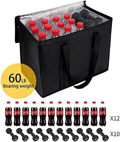 2 pack Additional Bottom Plate Black Insulated Grocery shopping bag , Delivery,pizza,reusable bags, Sturdy zipper,Collapsible,tote,cooler,thermal,Beach,waterproof heavy duty - Image 5