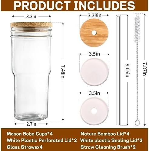 DWTS DANWEITESI Mason Jar with Lid and Straw,24 oz Iced Coffee Cup with Bamboo Lid and Straw,Boba Cups Smoothie Tumbler-Wide Mouth Reusable Glass Cups with Lid and Straws【4 Pack】 710ml - Image 3