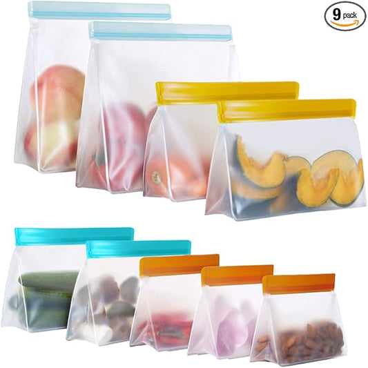 Reusable Food Storage Bags Stand Up, 9 Pack Leakproof Freezer Bags, BPA Free Gallon Bags, Reusable Plastic Snack Bags, Lunch Sandwich Bags for Home & Travel