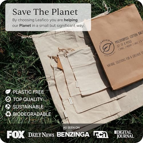 LEAFICO Organic Cotton Produce Bags - Medium 8x10 Inch (12 Bags) - Reusable Muslin Storage Bags with Drawstrings - Biodegradable Canvas Fabric - Perfect for Snacks, Clothes - Image 6