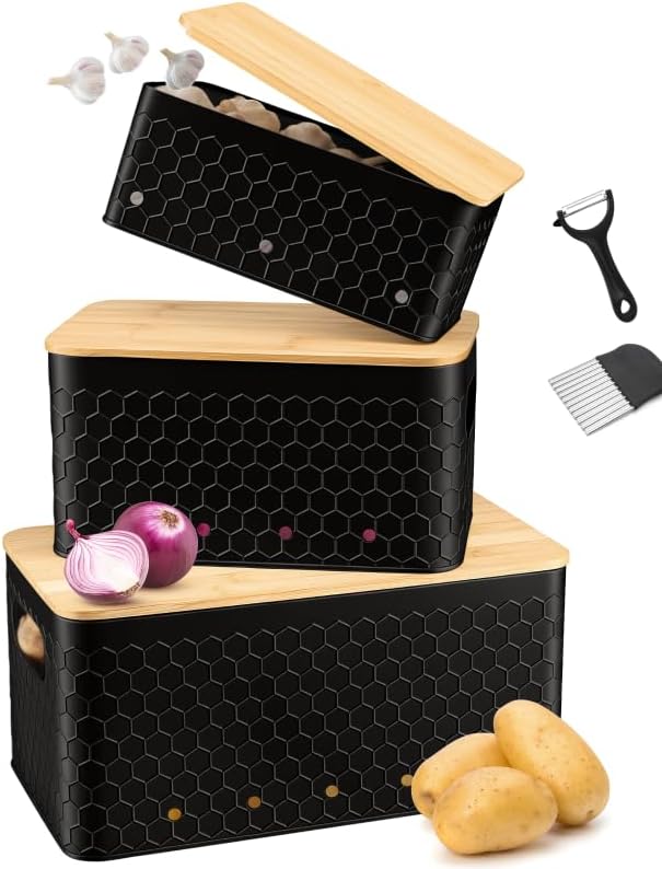 Kitchen Vegetable Storage Set of 3, Metal Onion Garlic Potato Storage Set, Kitchen Canisters Vegetable Keeper Containers with Aerating Holes and Bamboo Lid,Embossed Black by Dekosilave